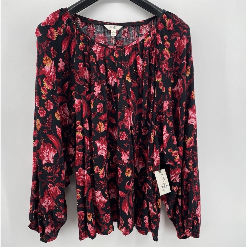 Terra & Sky Floral Top Women's 3X Red Black Whimsigoth Boho Fairy Pullover NEW